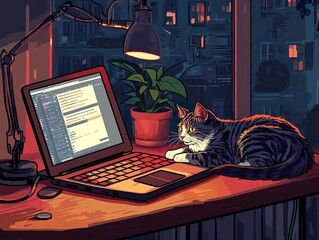 Cartoon-style illustration of a cat lying next to a laptop on a desk, with a lamp and plant, depicting a cozy and productive work environment.