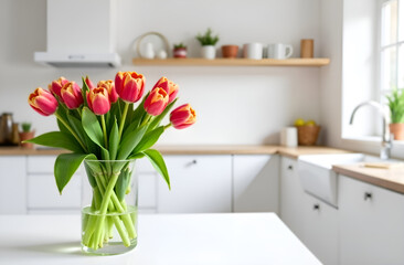 Bouquet of tulips on the kitchen table, selective focus, blurred background.