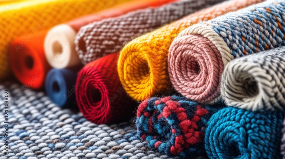 Poster assorted colorful knitted fabrics in various patterns and textures displayed on a wooden table