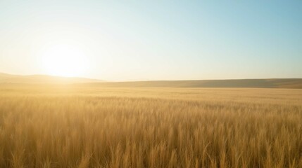 Obraz premium Golden Wheat Field Under Clear Blue Sky at Dawn