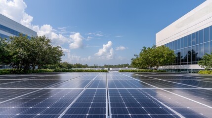 Solar panels on building rooftop, sunny day, green landscaping