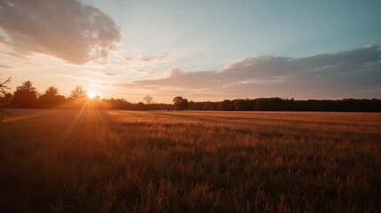 Serene Sunrise Over Gentle Meadow with Soft Golden Light