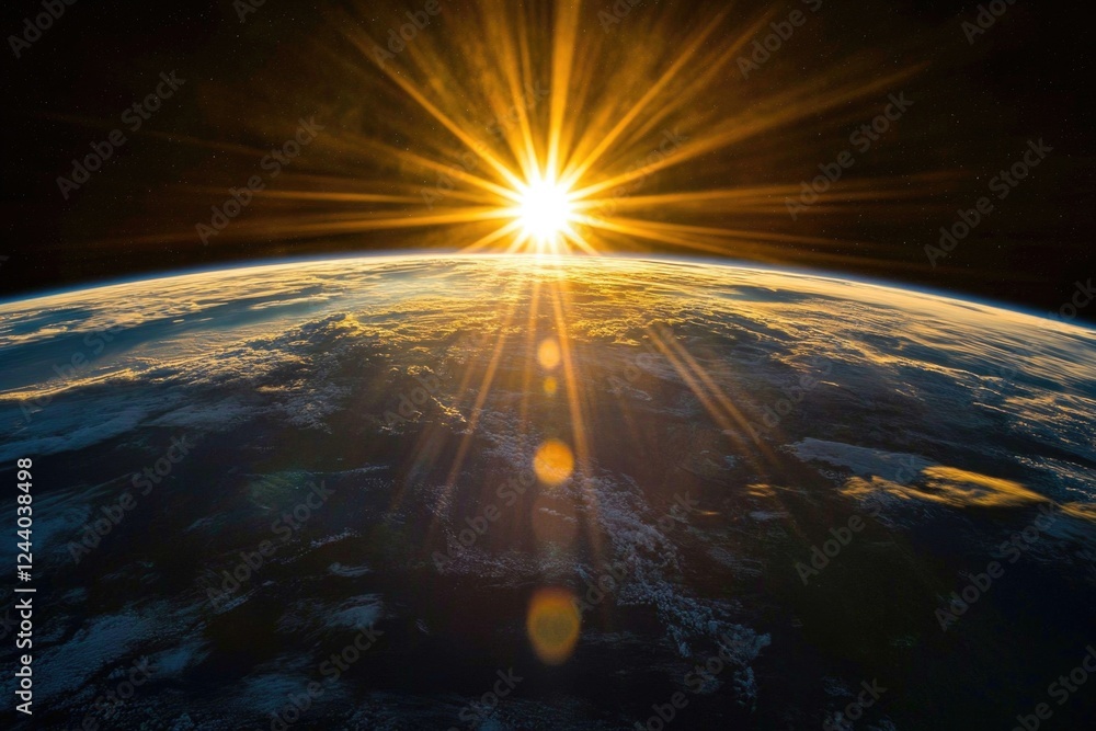 Poster image of the earth seen from space with the sun shining brightly, ideal for use in presentations or 