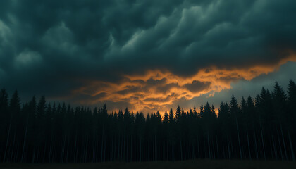 view of a forest with dramatic clouds and a fiery sunset