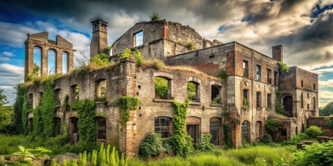 Obraz premium Overgrown Ruins of a Historic Brick Structure Under a Dramatic Sky