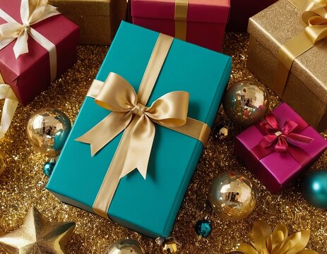 Vibrant turquoise gift box with a golden ribbon amidst festive decorations and colorful wrapped presents.