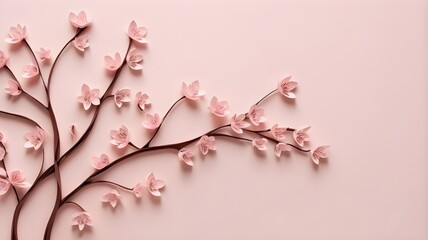 Fototapeta premium Soft pink and brown quilled paper forming delicate cherry blossom shapes on a light pastel background. With space for text. 