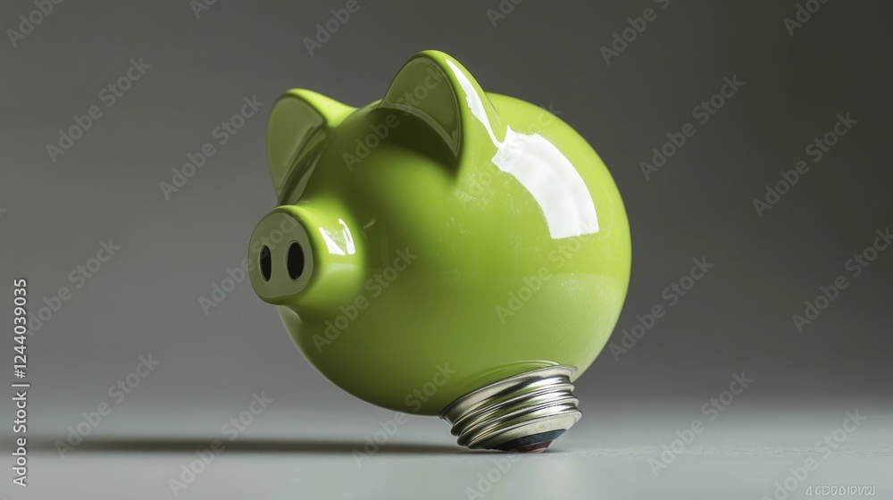 Poster a small green piggy bank sitting on top of a table, a simple and colorful financial storage containe