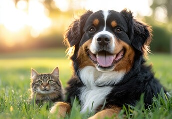Fototapeta premium A Happy Bernese Mountain Dog and a Playful Cat Relaxing Together in a Sunlit Grass Field with a Warm Summer Glow