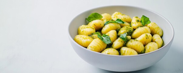 A bowl of gnocchi with pesto, soft texture food, minimalistic design, vibrant green focus, isolated on white background