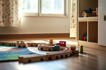 Wooden toy train set arranged neatly on the floor near a sunny window in a cozy playroom. Generative AI