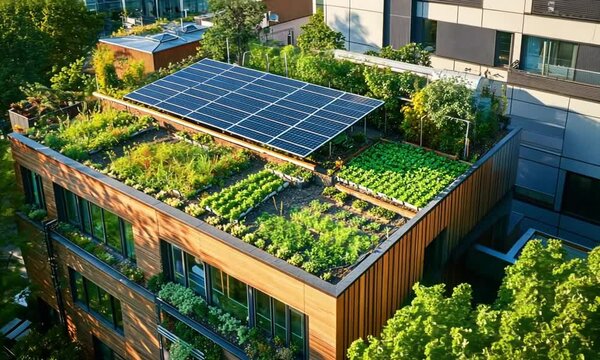 Urban rooftop garden, solar panels, sustainable architecture, green building, lush vegetation, eco-friendly design, city skyline, aerial view, vibrant greenery, modern apartment, environmental innovat