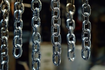A close-up shot of a bunch of chains hanging from a ceiling, with a industrial or abandoned atmosphere
