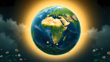 Colorful 3D Illustration of Earth with a Golden Glow, Nature and Landscape, Bright Background Color