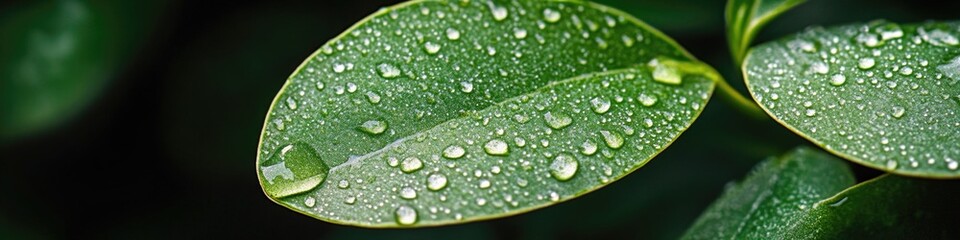 A close-up shot of a leaf with water droplets glistening on its surface