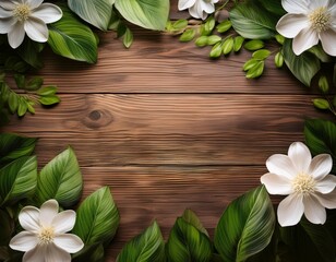 a serene wooden background framed by lush green leaves and delicate white flowers creating a peaceful natural ambiance