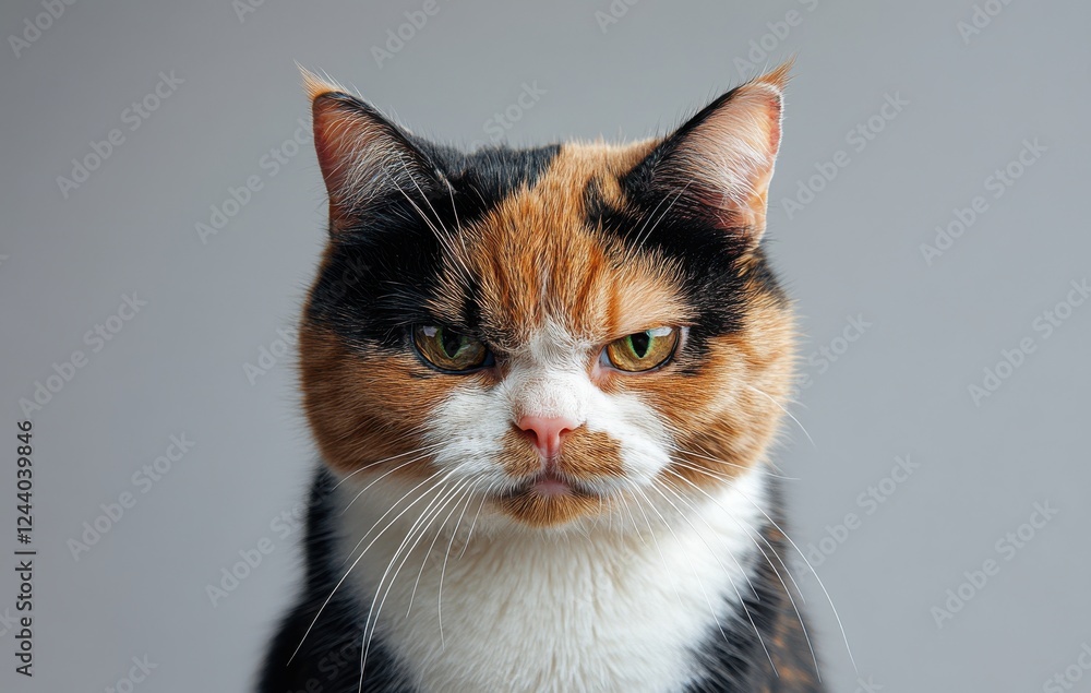 Poster adorable and grumpy calico cat with unique expressions showcasing a playful yet serious personality 