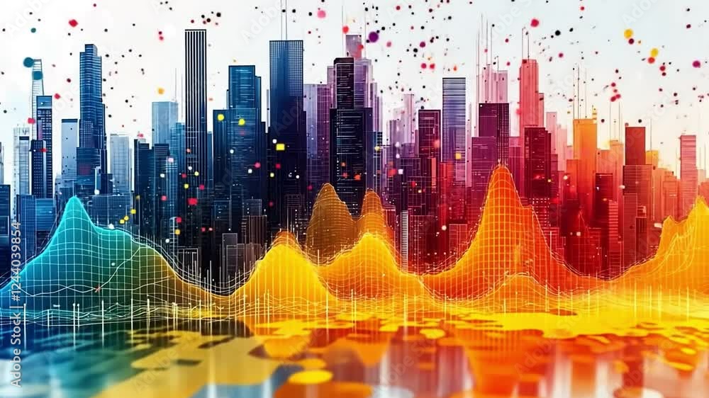Aufkleber vibrant cityscape with data visualization: a dynamic illustration of a modern city skyline interwove