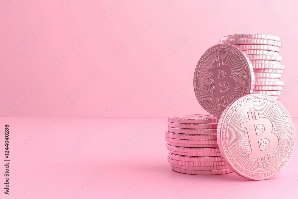Poster stacked silver coins with a bitcoin symbol on a soft pink background create a modern and stylish cry