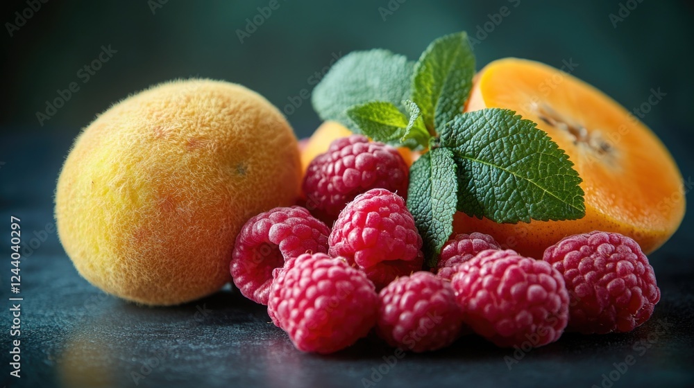 Poster a collection of ripe raspberries and oranges placed neatly on a table
