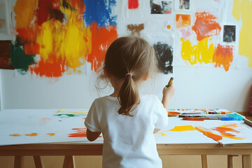Young Artist's Expression: A young girl, captivated by her artistic journey, stands with her back to the camera, a paintbrush in hand, surrounded by vibrant splashes of color.  