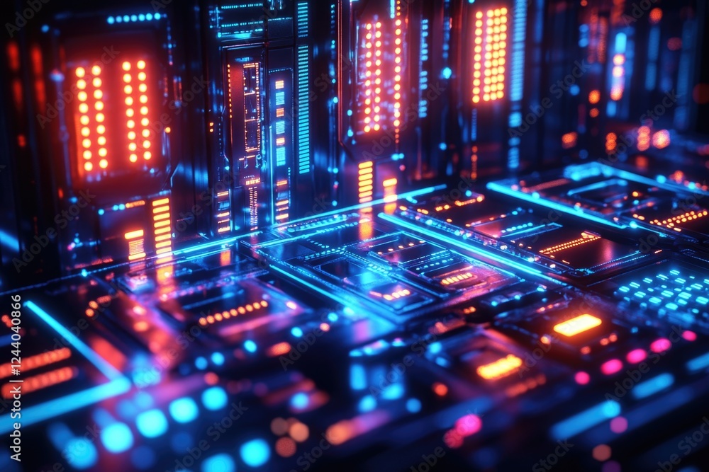 Poster close-up of a circuit board illuminated by neon lights, suitable for tech or futuristic themed desig