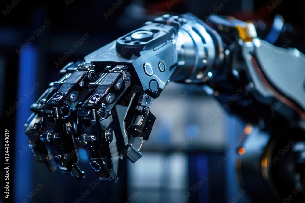Poster a close-up view of a robot's arm showing its mechanical details