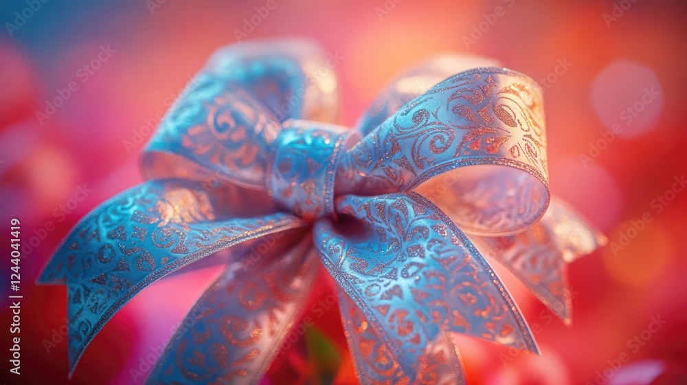 Poster a close-up shot of a blue bow against a bright red background, ideal for uses where you need to add 