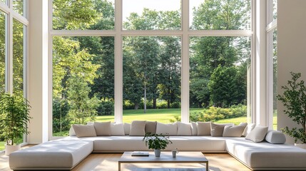 Fototapeta premium Modern home interior, large windows, green park view, sunlight