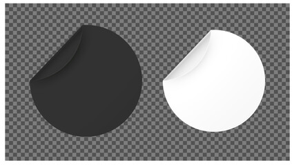 Set of black and white blank stickers with curled corners. Vector illustration.