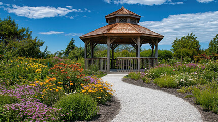 Scenic Garden Pathway Leading to a Wooden Gazebo Surrounded by Vibrant Flowers Under Clear Blue Sky