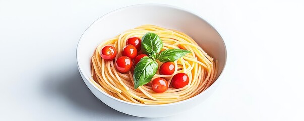 A bowl of spaghetti with cherry tomatoes and basil, light and fresh, watercolor illustration, soft red and green tones, isolated on white background