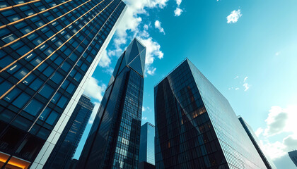 Fototapeta premium Modern skyscrapers against a clear blue sky showcasing urban architecture and innovative design. Reflections on glass surfaces during daytime.