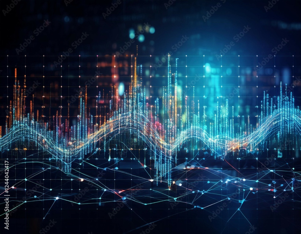 Poster a swarm of digital data points forming a stock market graph the fintech ecosystem in motion