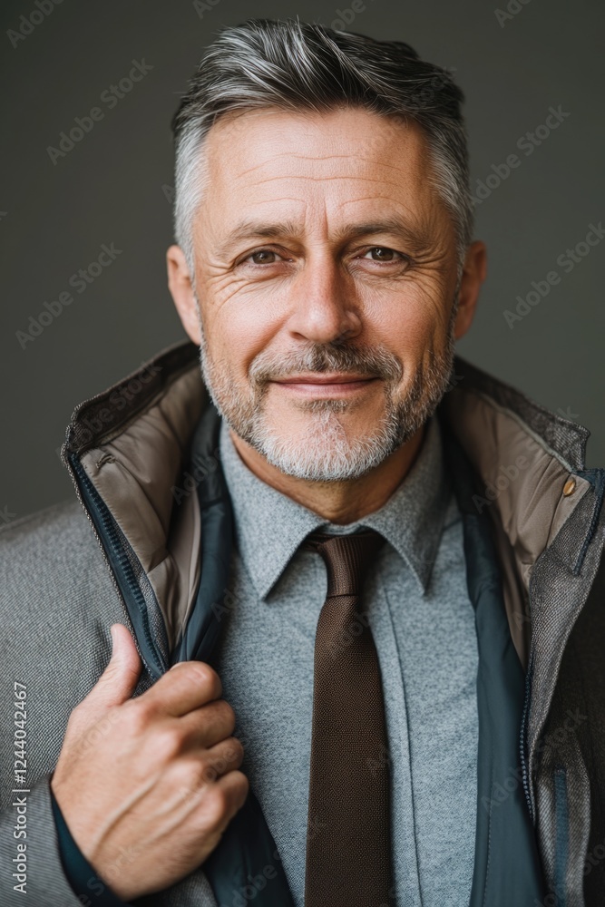 Poster A man dressed in a suit and tie standing in front of a plain background, looking directly at the camera