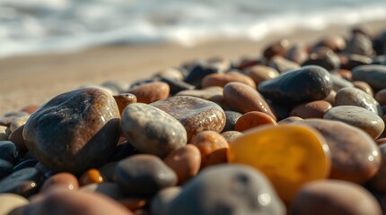 Colorful gemstones on a beach. Polish textured sea glass and stones on the seashore. Green, blue shiny glass with multi-colored sea pebbles close-up. Beach summer background.Colorful gemstones on a be