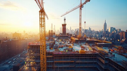 A bustling construction site at sunset, featuring cranes and a developing skyline, showcasing urban development and architectural progress.