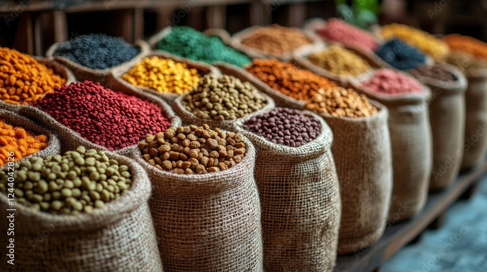 Poster colorful display of spices in burlap sacks arranged neatly in a market setting