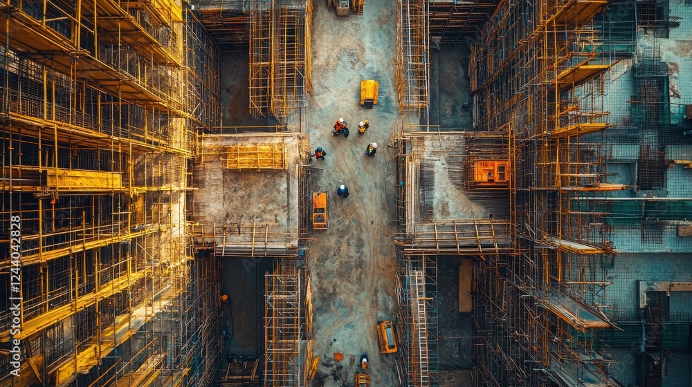 Poster aerial view of a construction site with workers and scaffolding, showcasing a busy environment of bu