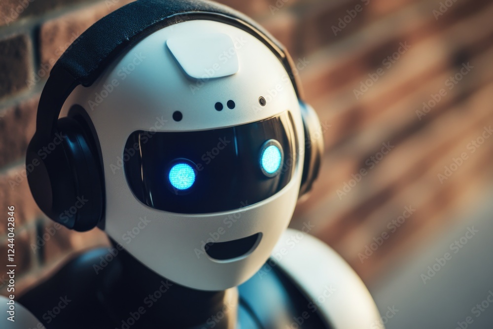 Poster close-up of a robot wearing headphones and having glowing eyes, suitable for sci-fi or technology-re
