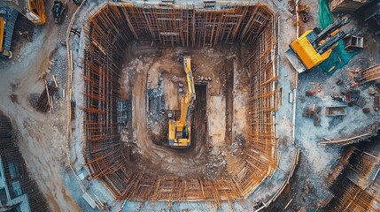 Aerial view of a construction site featuring an excavator inside a large, square excavation surrounded by wooden supports.