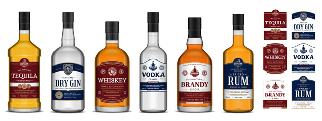 Vector alcoholic drink labels and bottles. Whiskey, vodka, tequila, rum, brandy and gin labels