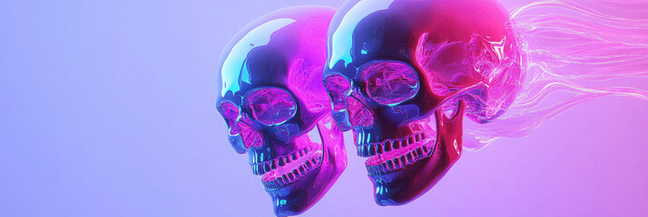 Fototapeta premium Colorful glowing skulls with flowing light effects against a gradient background in a surreal style
