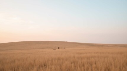 Fototapeta premium Golden Wheat Field Under Soft Blue Sky at Dusk in Serene Landscape