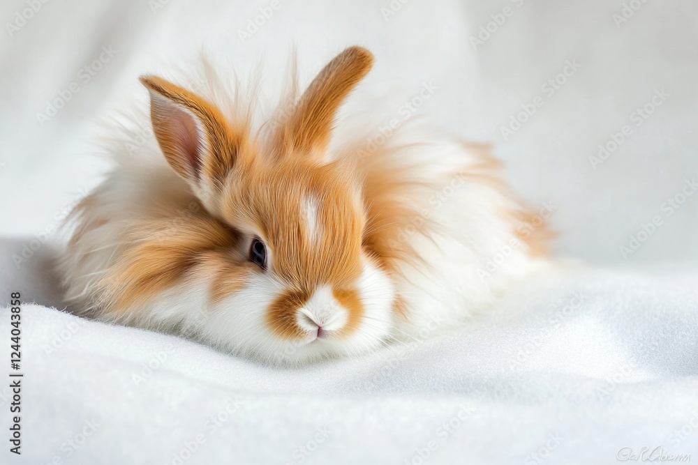 Poster a close-up shot of a soft and cuddly rabbit lying on a white blanket, perfect for use in illustratio