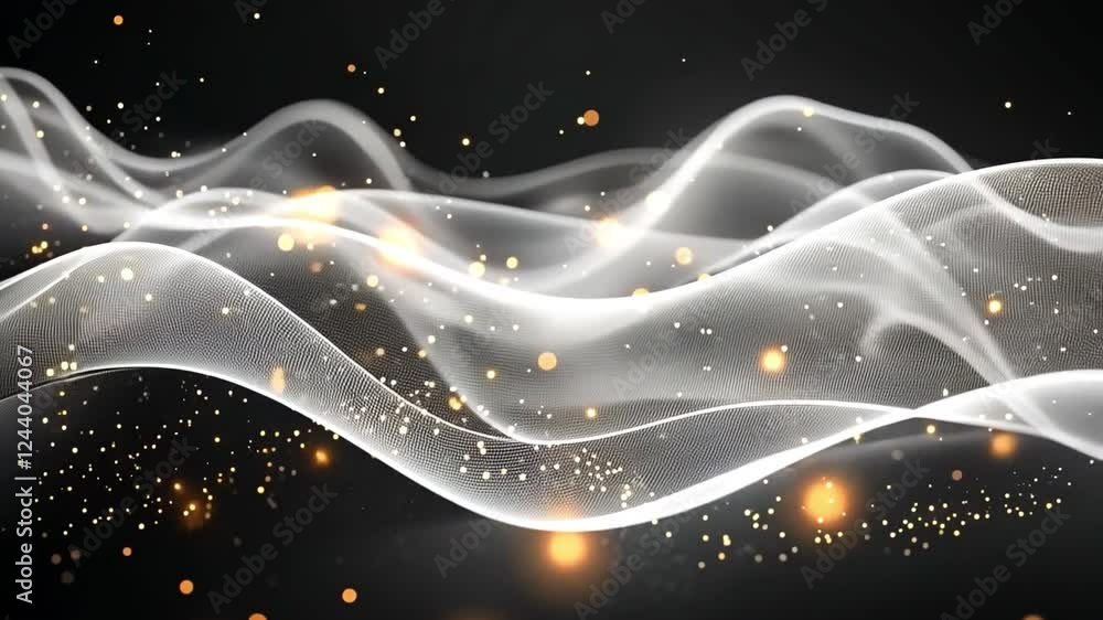 Poster Abstract Lightwaves: Elegant, flowing white lightwaves dance across a dark background, adorned with shimmering golden particles, creating a mesmerizing and ethereal effect.