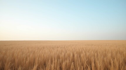 Naklejka premium Golden Wheat Field Under Clear Blue Sky at Sunrise or Sunset