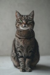 Adorable Brown Striped Cat Sitting Up Straight with Green Eyes on Neutral Background Captured in Natural Light for Pet Photography
