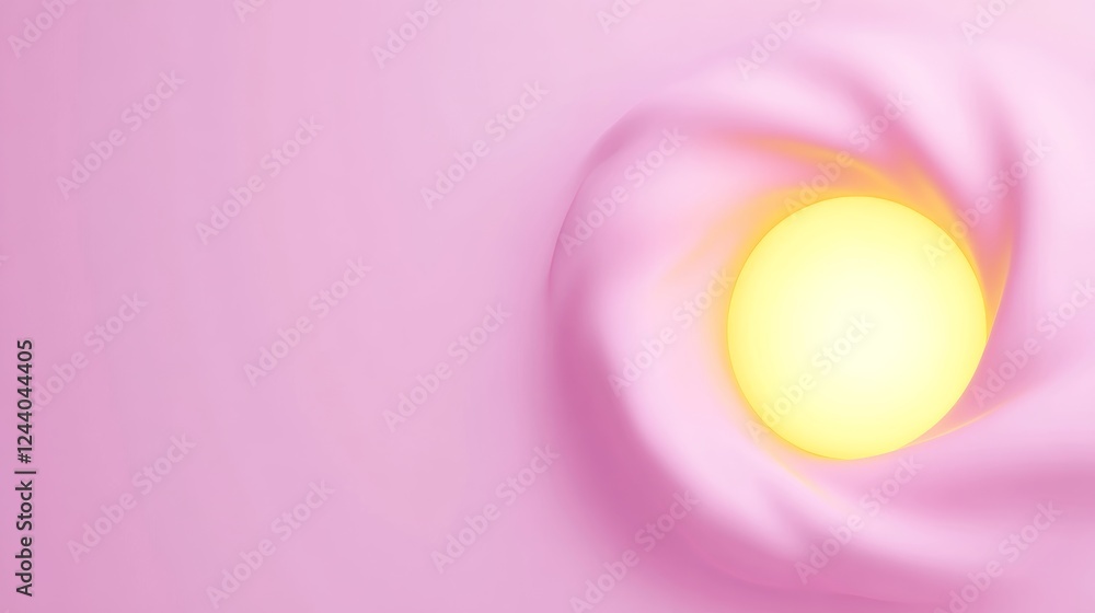 Poster abstract pastel pink background with a yellow glowing sphere at the center, creating a swirling vort