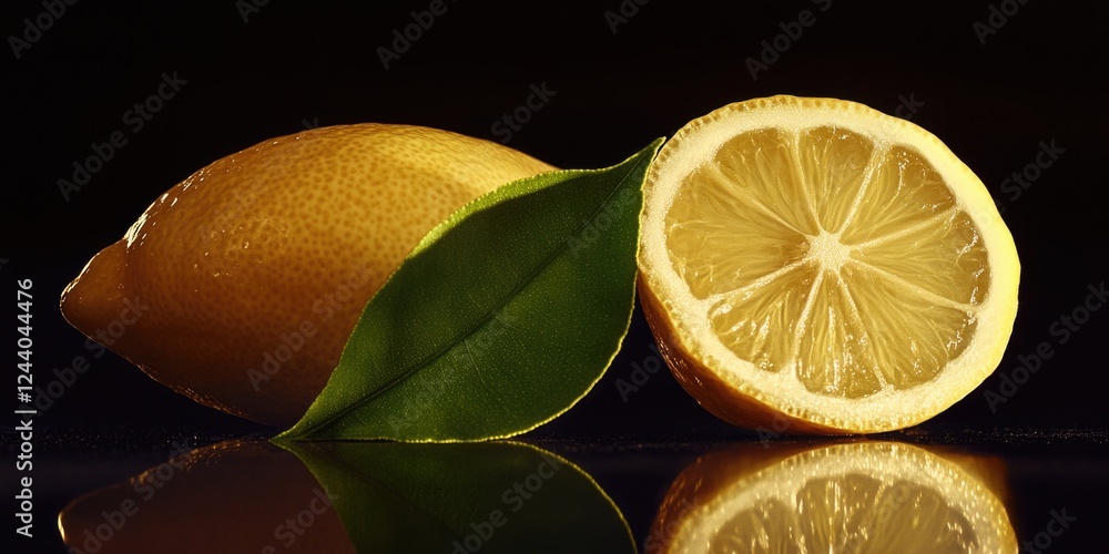 Poster a photo of two lemon halves placed on a shiny surface, with one half intact and the other partially 